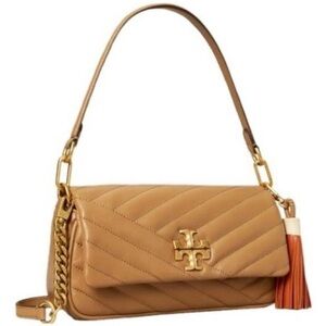 Tory Burch Kira Chevron Flap Shoulder Crossbody Bag in Camel with Tassel
